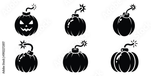Set of halloween pumpkin bomb silhouettes black icon Vector illustration and isolated on white background.