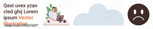 Office workspace, cloud computing, technology use, emotions, online work, digital workflow. A man working at a desk, a cloud shape and a sad face icon. Office workspace and cloud computing concept