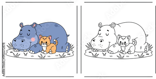 Cute cartoon hippopotamus sleeping peacefully on grass with little orange cat friend, adorable animal friendship vector illustration for children book, nursery decor or sticker design