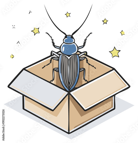 Surprise insect pops out of an open cardboard box with sparkles illustration