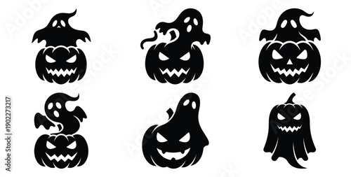 Set of halloween pumpkin ghost hybrid silhouettes black icon Vector illustration and isolated on white background.