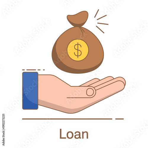 Flat design illustration of hand receiving money bag loan icon