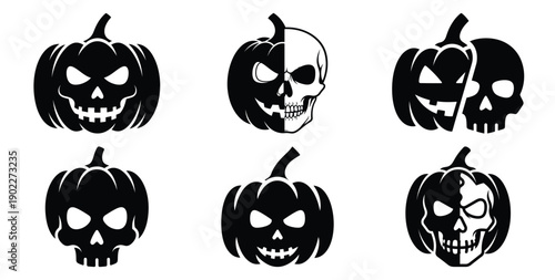 Set of halloween pumpkin skull mash silhouettes black icon Vector illustration and isolated on white background.