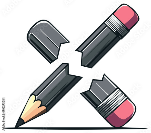 Illustration of a broken pencil. Stylized image of a writing tool cut into four pieces.
