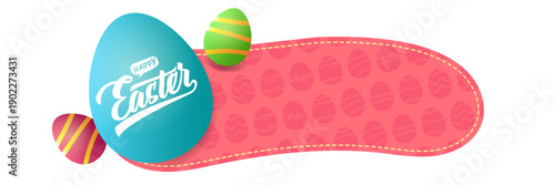 Happy Easter horizontal web banner with turquoise egg lettering and colorful eggs, festive pink patterned header isolated on white. Creative Easter greeting card banner with hand-drawn lettering