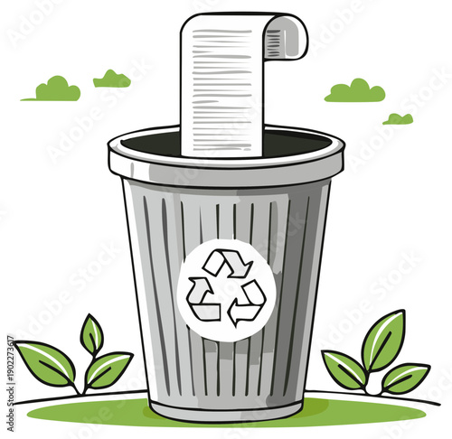Recycling bin with document in stylized hand drawn illustration for environmental concept