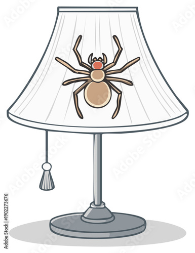 Cartoon spider sitting on a lamp shade with a tassel
