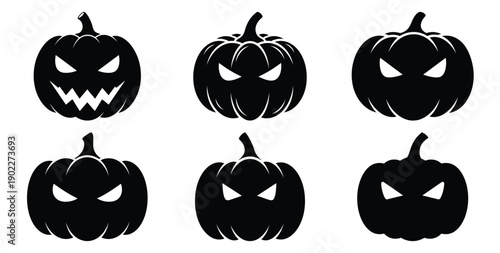Set of halloween pumpkin with evil eyes silhouettes black icon Vector illustration and isolated on white background.