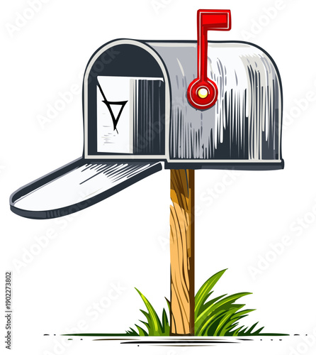 Illustration of a cartoon style metal mailbox with an open door and a red flag