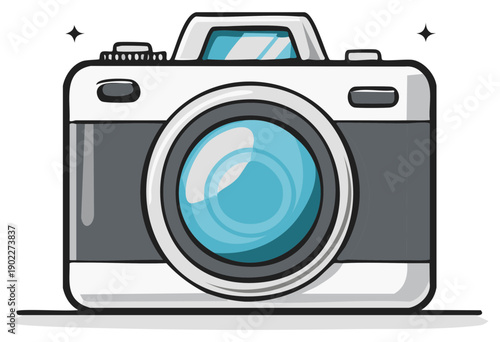 Vintage Style Camera Illustration with Reflective Lens and Sparkle Accents
