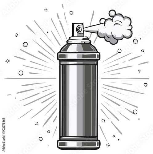 Graffiti Spray Can Emitting Smoke and Bursting Starbursts in Comic Style