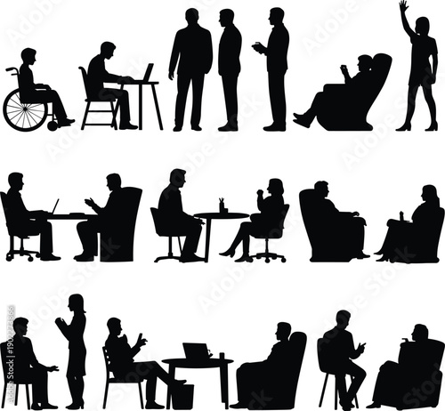 Business people silhouette set, men and women in office, meeting, working, sitting and communication poses isolated on white