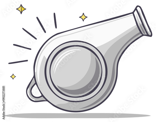 Cartoon silver referee whistle blowing with sparkling stars and sound waves