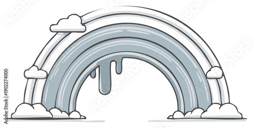 Cartoon rainbow illustration with fluffy clouds in grayscale, whimsical design element.