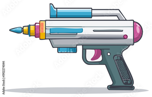 Retro futuristic ray gun with vibrant colorful accents and a pointed barrel