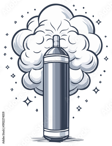 Silver aerosol can releasing a large puff of white vapor surrounded by sparkling stars
