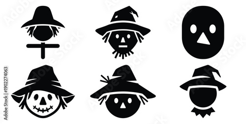 Set of halloween scarecrow head silhouettes black icon Vector illustration and isolated on white background.