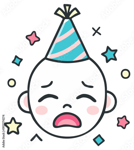 Sad baby face wearing birthday party hat with confetti and stars around head
