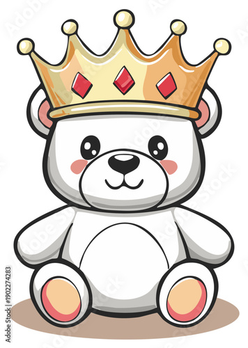 Cute White Teddy Bear Wearing a Golden Crown Sitting Content