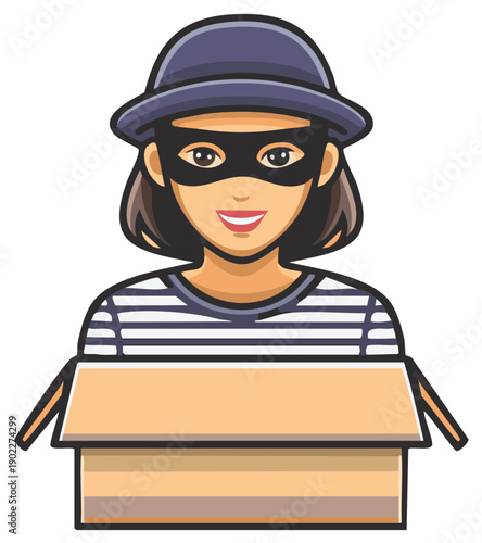 Clever female cartoon thief wearing a mask and hat peeking out of an open cardboard box