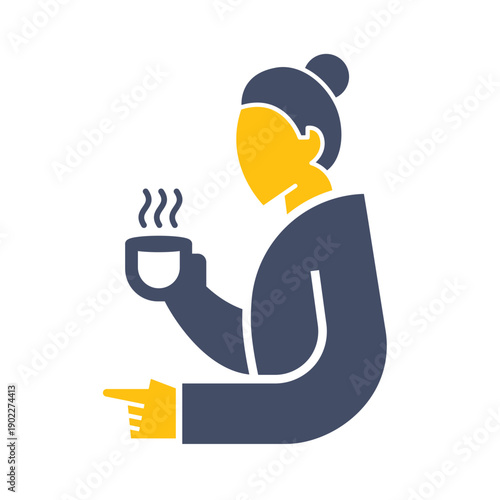 Woman is drinking hot beverage while pointing away.