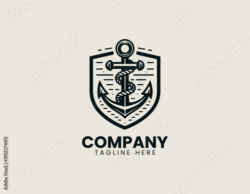 Nautical anchor vector logo displays maritime shield emblem with clean modern style
