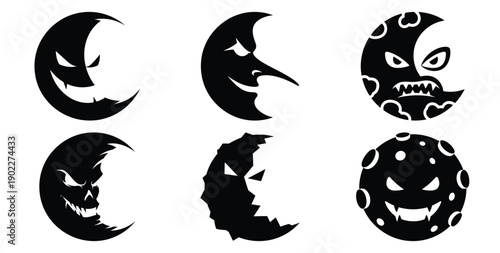 Set of halloween scary moon silhouettes black icon Vector illustration and isolated on white background.