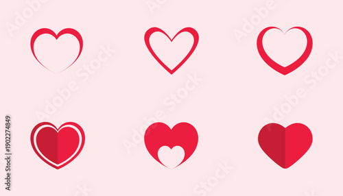 A versatile set of six minimalist heart icons and logo marks in a vibrant solid red flat design. Perfect for classic romantic branding, healthcare logos, non-profit organization identities, and simple