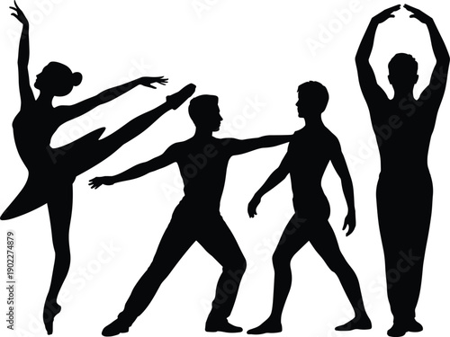 Ballet dancers performing elegant movements, classical dance poses showing grace balance and flexibility, artistic performance silhouette flat vector illustration