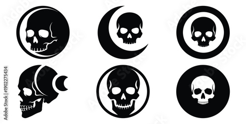 Set of halloween skull moon eclipse silhouettes black icon Vector illustration and isolated on white background.