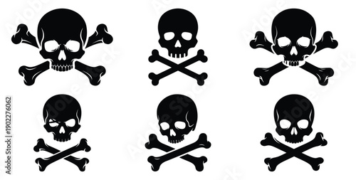 Set of halloween skull with crossbones silhouettes black icon Vector illustration and isolated on white background.