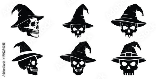 Set of halloween skull with witch hat silhouettes black icon Vector illustration and isolated on white background.