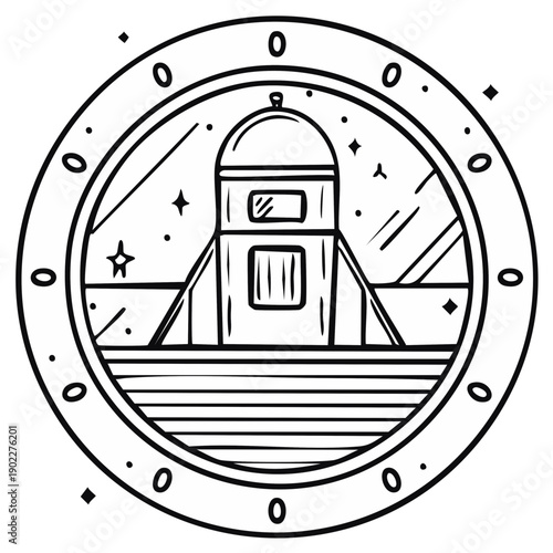 Lunar module inside of a portal.  Space exploration concept. Futuristic travel to other worlds outlined