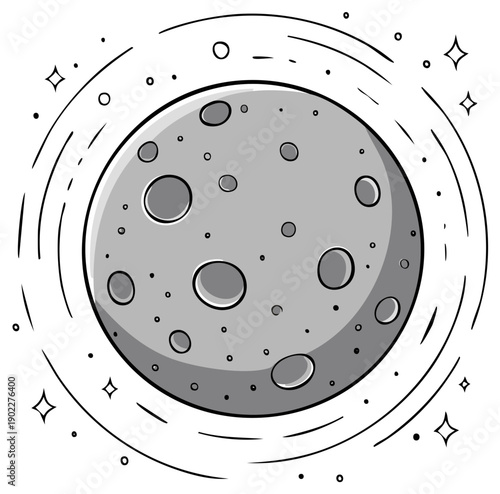 Cartoon Moon Illustration, with Craters, Stars, and Orbital Swirls, Space Theme