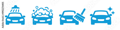 Vector icon set illustrating the car wash process: rinsing, soaping, scrubbing, and polishing. Minimalist flat design for auto cleaning services.