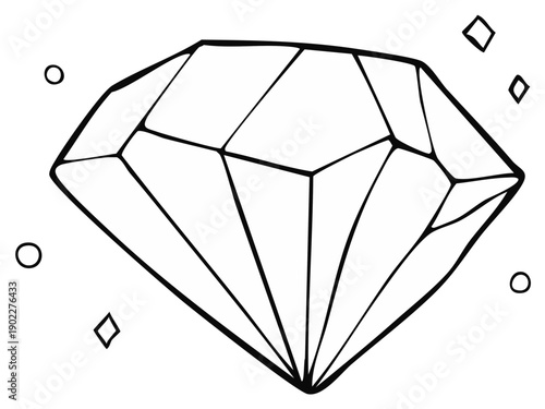 Elegant Hand Drawn Diamond Gemstone Illustration with Sparkles Outline Black and White