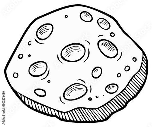 Simple line art illustration of a bumpy asteroid or meteor with many detailed craters