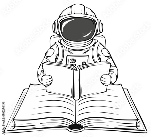 Astronaut character reading a book while sitting on a giant open book for education