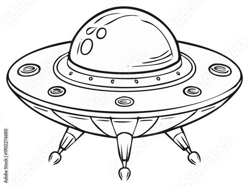 Cartoon illustration of a retro flying saucer with three landing legs.