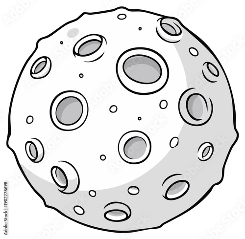 Simple cartoon illustration of the moon with craters, black and white space object
