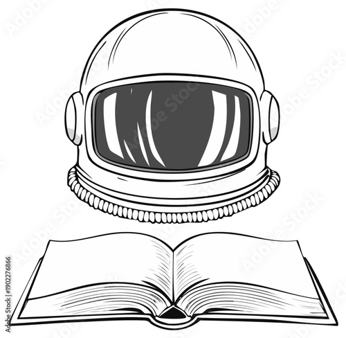 Astronaut helmet and open book illustration symbolizing space exploration education knowledge discovery