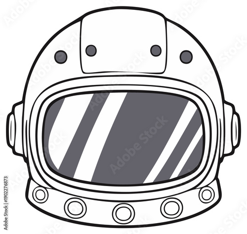 Cartoon astronaut helmet black and white graphic, space explorer headgear
