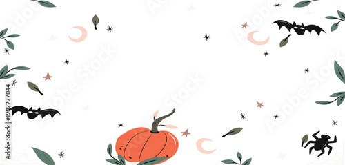 Halloween holiday frame with party decorations from pumpkins. Halloween decorations on pastel gray background. Halloween concept vector illustration.