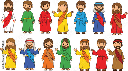 Biblical apostles, Jesus figure, religious illustration, cartoon style, bearded men, robes and sashes, colorful clothing, Christian tradition, educational art, faith asset