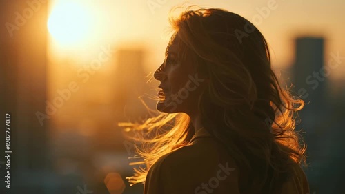 Wallpaper Mural Woman enjoying golden sunrise in modern city with wind in hair Torontodigital.ca