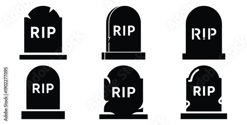 Set of halloween tombstone rip silhouettes black icon Vector illustration and isolated on white background.