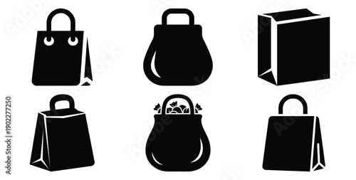 Set of halloween trick or treat bag silhouettes black icon Vector illustration and isolated on white background.