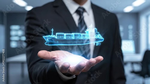 Businessman presenting a holographic projection of a cargo ship, symbolizing modern logistics and future technology in shipping.