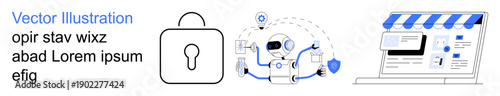 Cybersecurity, e-commerce, digital transactions, secure technology, data protection, internet safety. Padlock, tech robot online storefront image. Cybersecurity and e-commerce theme