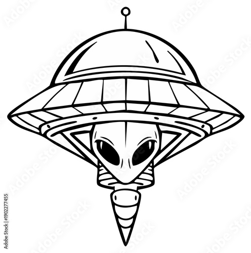 Retro alien head peeking from a vintage flying saucer spacecraft